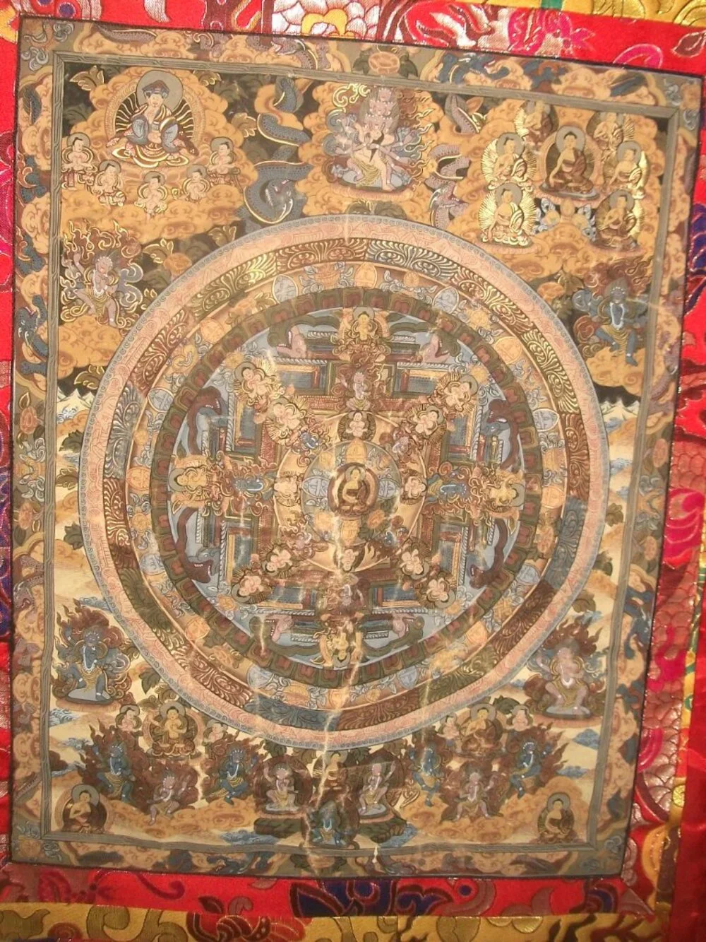 Large Hanging Vintage Tibetan Thangka w Handpainted Mandala on Heavy Brocade